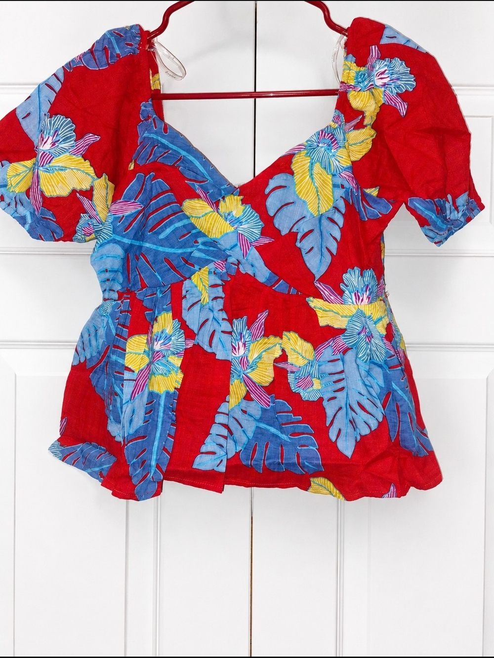 Hayden Red Tropical Print Puff-Sleeve Peplum Top
